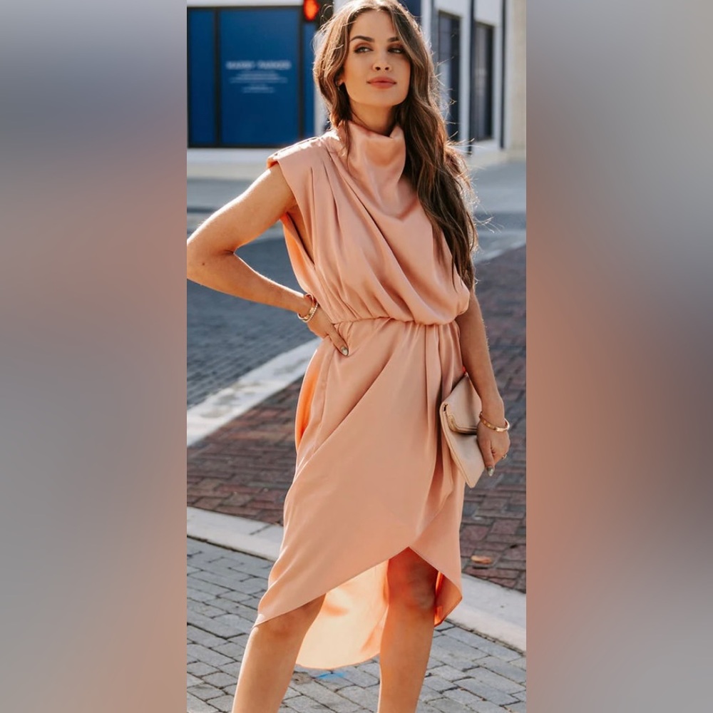 SOLEIA SATIN COWL NECK MIDI DRESS - DUSTY PEACH -